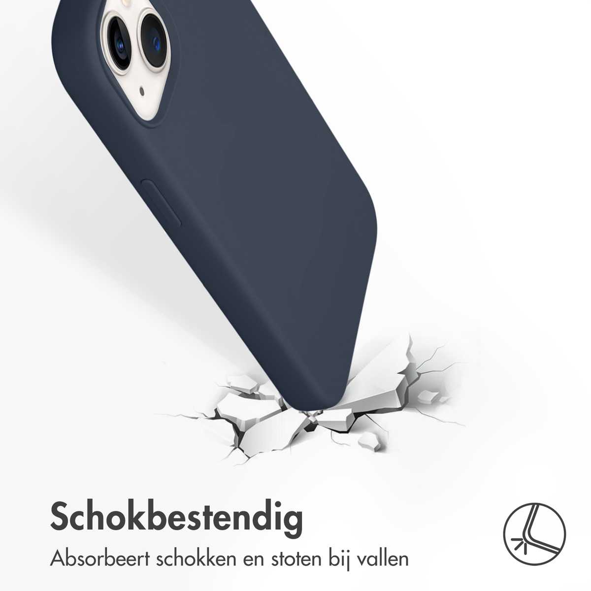Blauwe telefoonhoes, telefoon valt, impact op een oppervlak, scheuren met tekst 'Schokbestendig'.