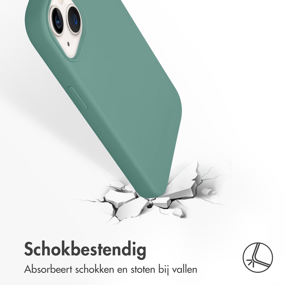 Groen telefoonhoesje valt, impact op de grond, veroorzaakt scheuren. Witte achtergrond.