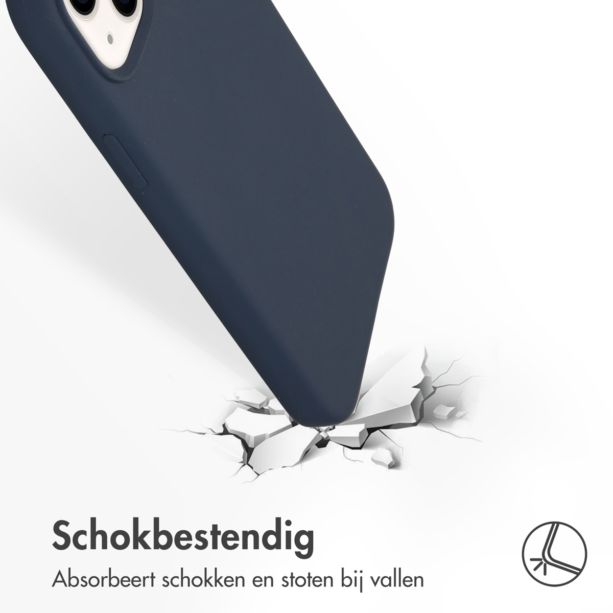 Een blauwe telefoonhoes raakt de grond en barst. Tekst: Schokbestendig. Absorbeert schokken en vallen.
