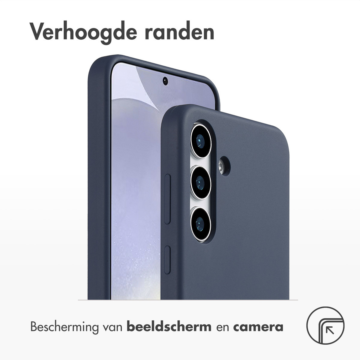 Coque de téléphone bleue avec téléphone partiellement à l'intérieur. La coque montre les caractéristiques de la caméra.