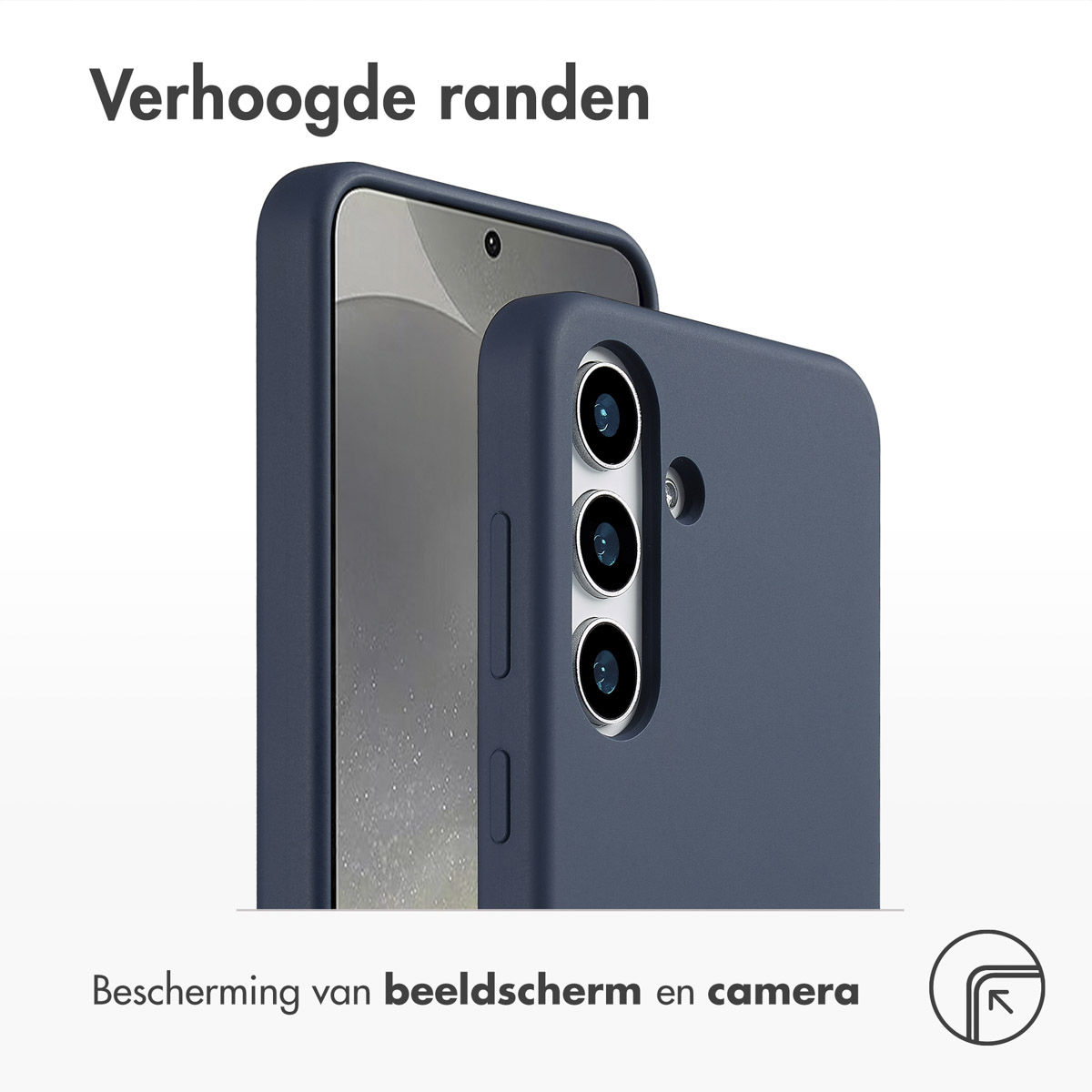 Twee blauwe telefoonhoesjes, één toont het scherm. Tekst: 'Verhoogde randen'. 'Scherm- en camerabescherming'.