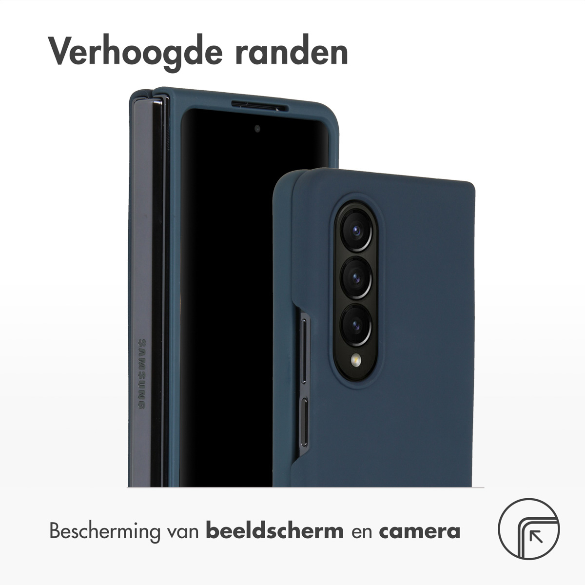 Deux coques de téléphone bleu foncé, une autour d'un téléphone pliable, texte en haut et en bas.