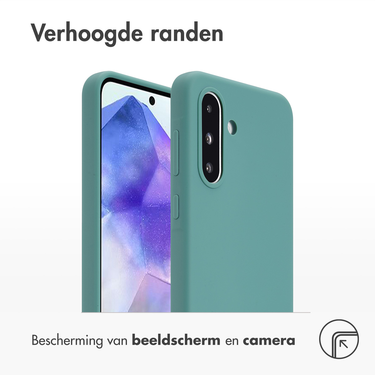 Twee turquoise telefoonhoesjes, één toont het scherm. Tekst: 'Verhoogde randen'. 'Scherm- en camerabescherming'.