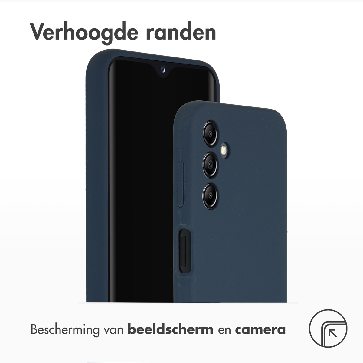 Twee marineblauwe telefoonhoesjes worden getoond. Tekst zegt 'Verhoogde randen' en 'Bescherming van scherm en camera'.