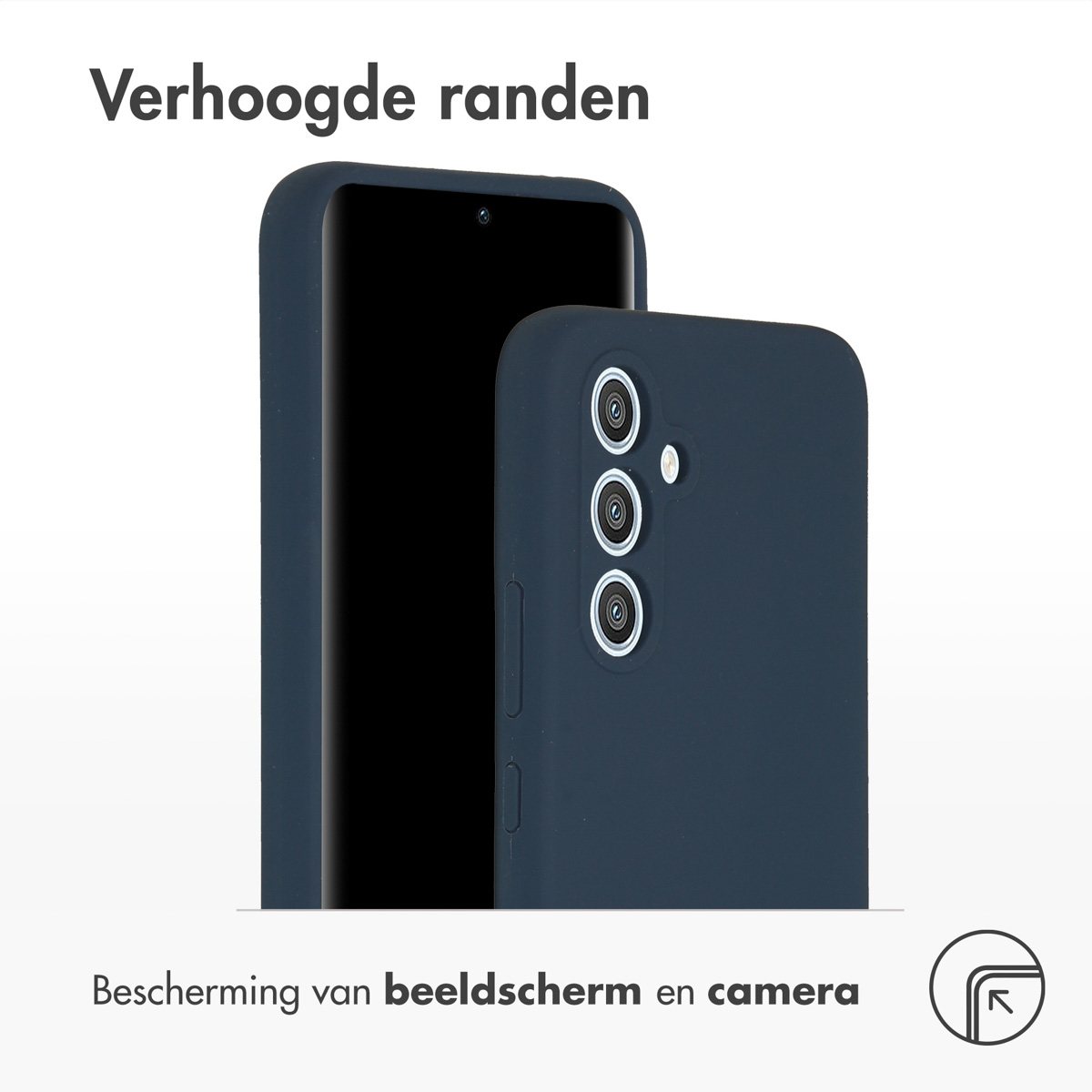 Twee marineblauwe telefoonhoesjes. De achtergrond is wit. Eén telefoon zit in een hoesje.