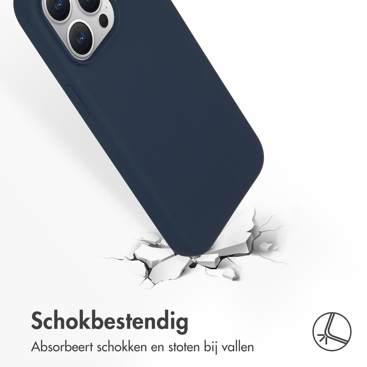 Een blauwe telefoonhoes raakt de grond en barst. Tekst: Schokbestendig. Absorbeert schokken en vallen.
