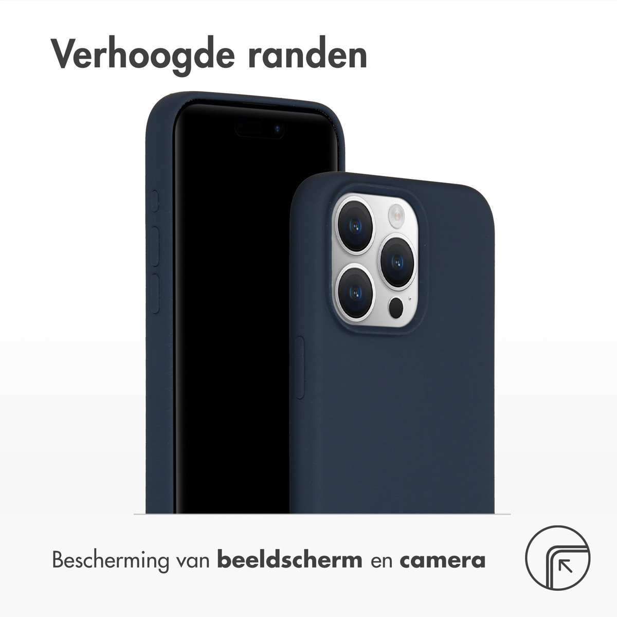 Twee donkerblauwe telefoonhoesjes met verhoogde randen, die scherm en camera beschermen.