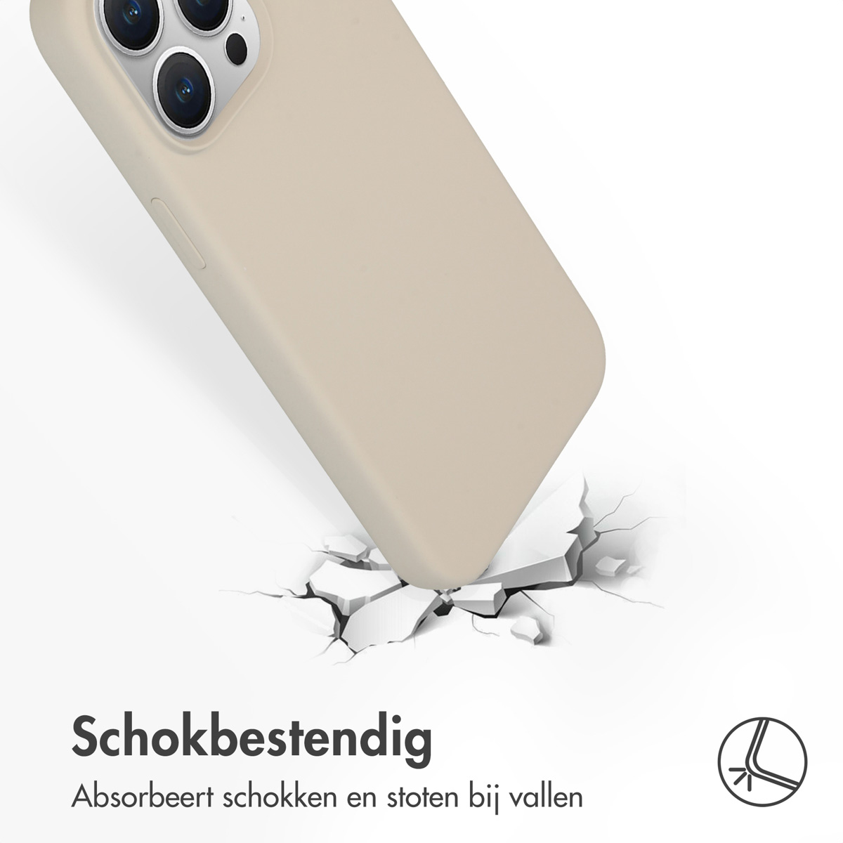 Beige telefoonhoes valt. Versplinterde grond. De hoes beschermt de telefoon.