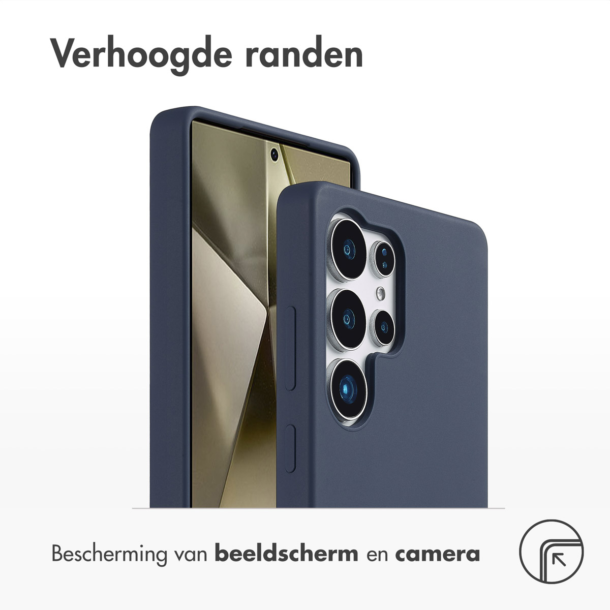 Twee telefoons in marineblauwe hoesjes. Eén toont het scherm, de andere de camera.