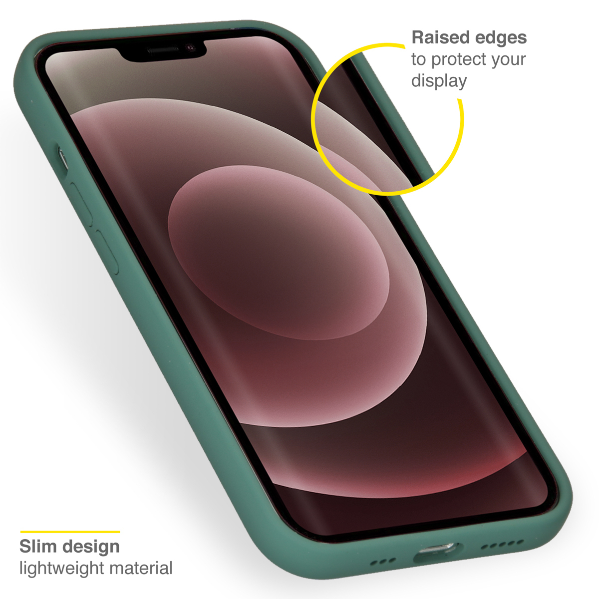 Een telefoon in een groene hoes. Het scherm is zichtbaar, een gele cirkel benadrukt randen.