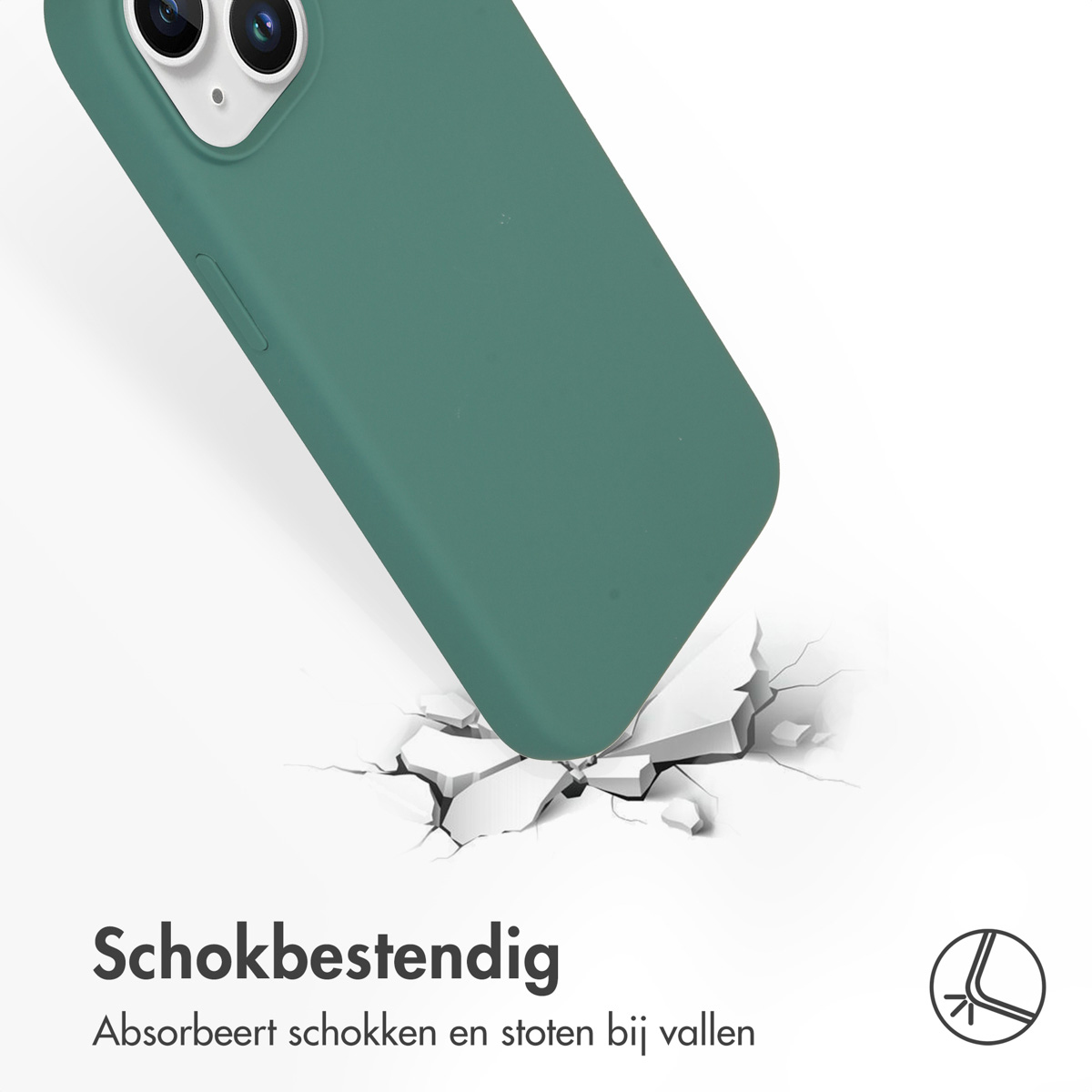 Groene telefoonhoes met een telefoon die een wit oppervlak raakt en barst.