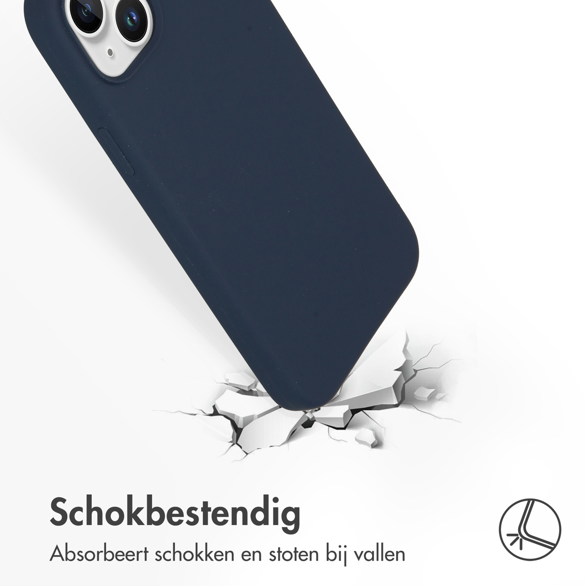 Donkerblauwe telefoonhoes, telefoon valt, impact op oppervlak, scheuren, met tekst 'Schokbestendig'.