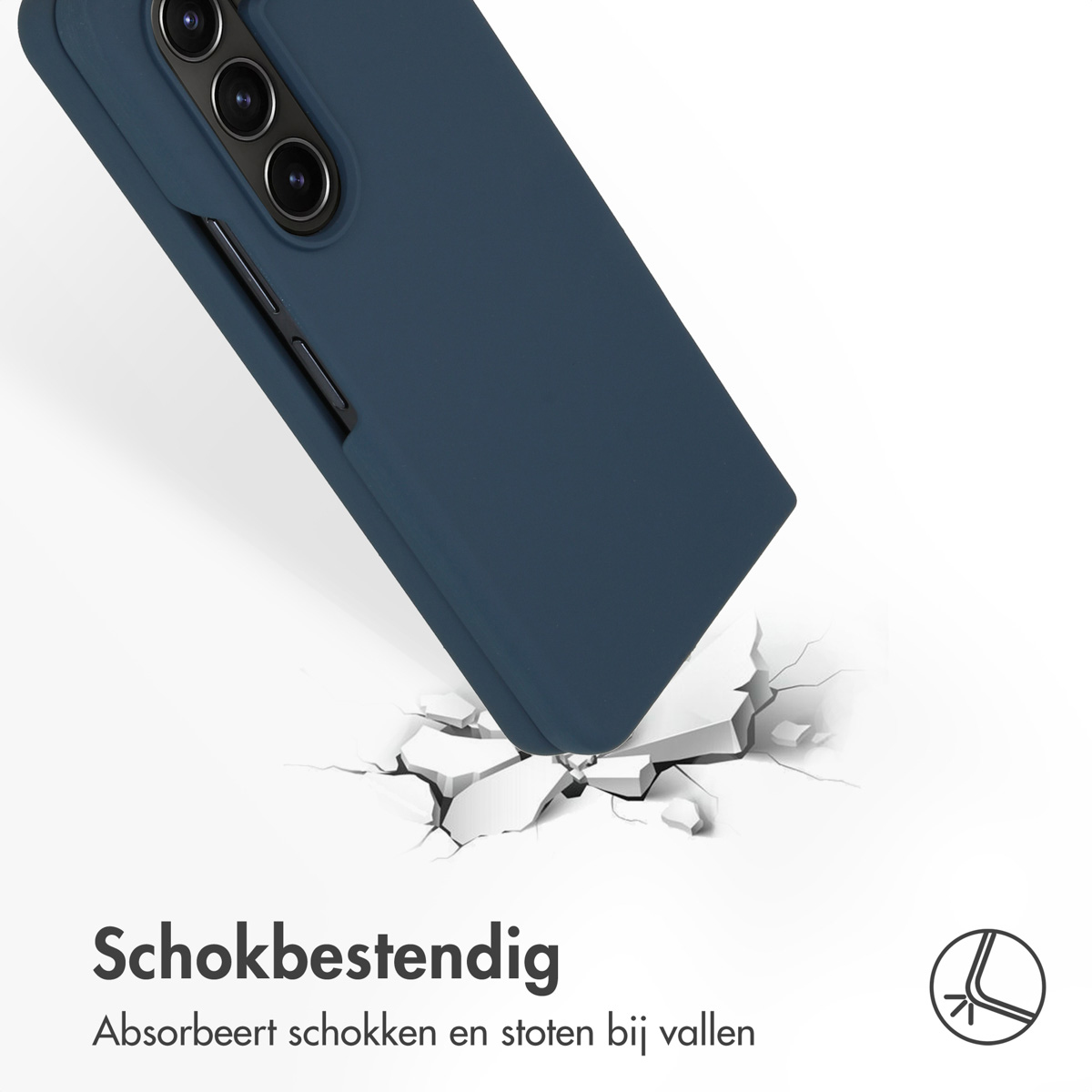 Eine marineblaue Handyhülle fällt und zerbricht den Boden. Der Hintergrund ist weiß.