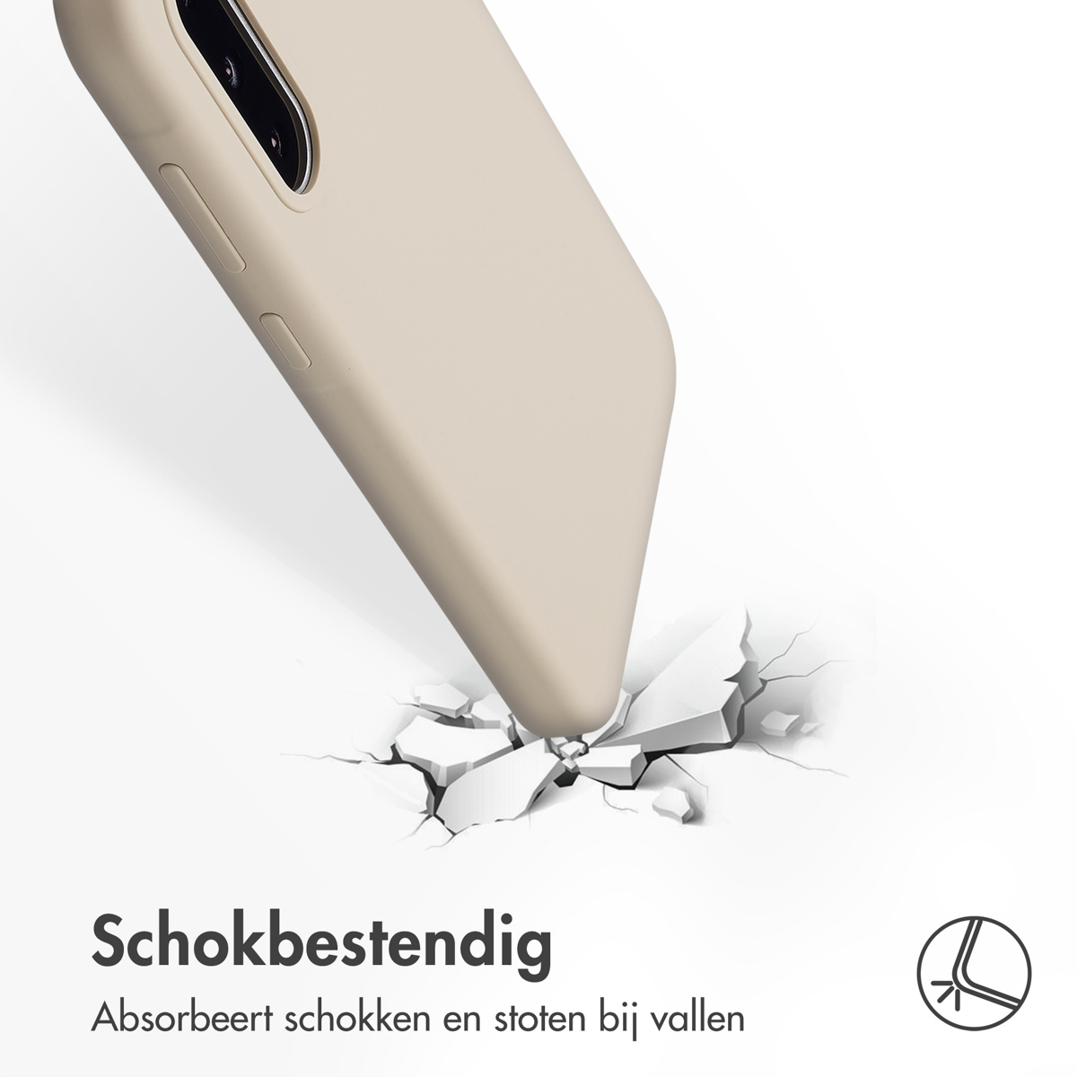 Beige telefoonhoes die een gebroken wit oppervlak raakt.