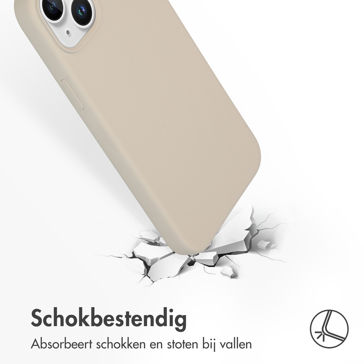 Een beige telefoonhoesje, gebarsten grond eronder, tekst over schokbestendigheid en het absorberen van impact.