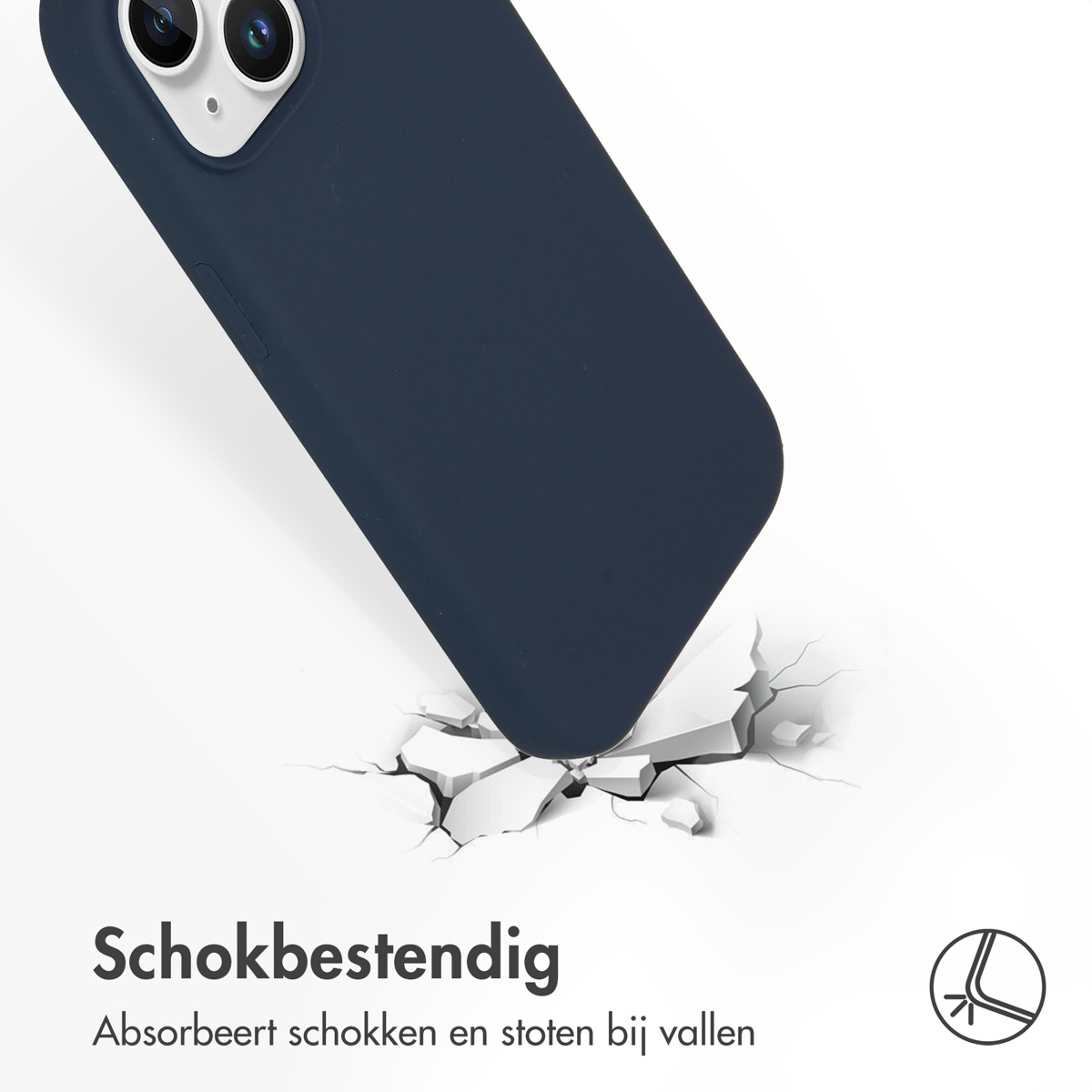 Een blauw telefoonhoesje, gebarsten grond eronder, tekst over schokbestendigheid en het absorberen van impact.