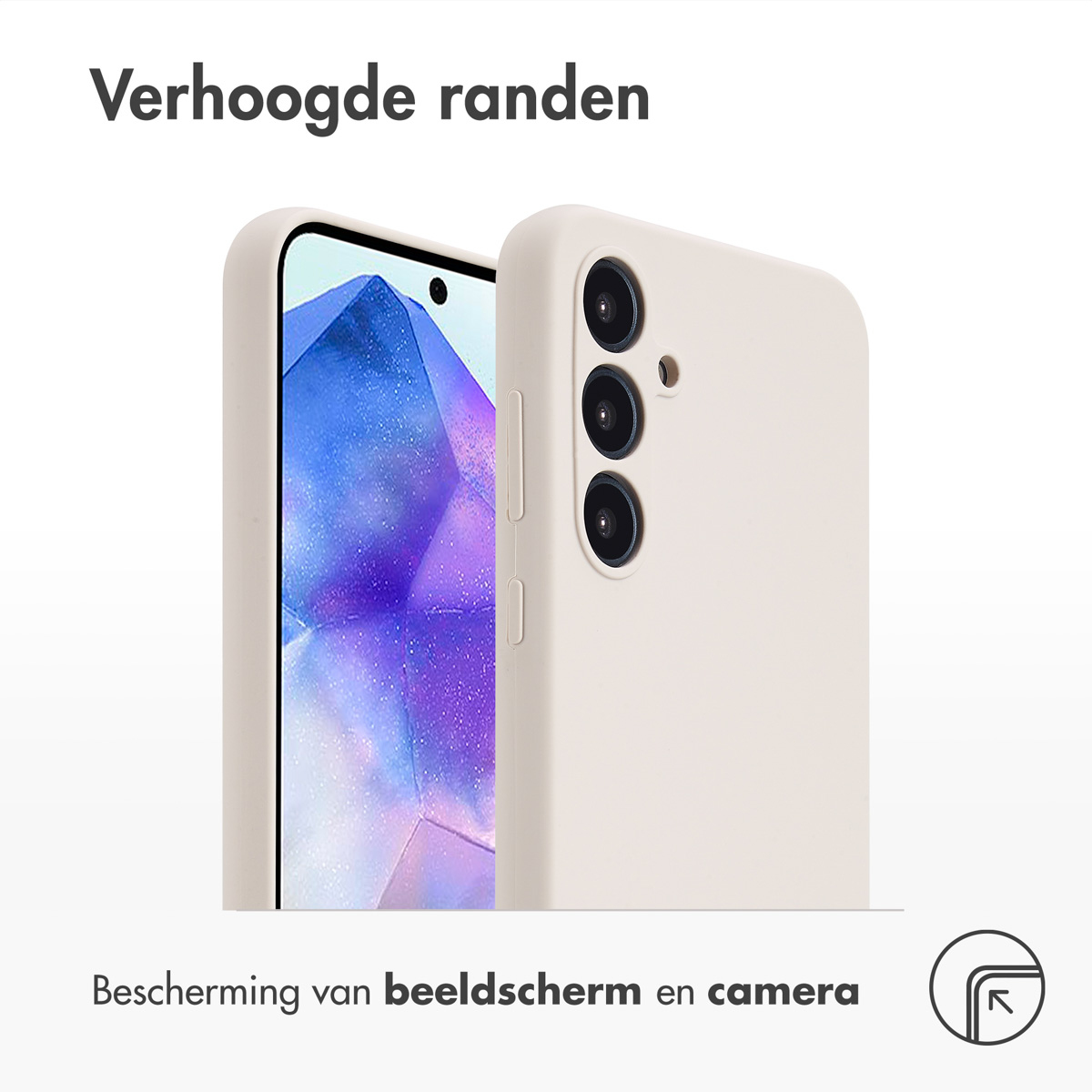 Deux coques de téléphone, une autour d'un téléphone, blanc cassé et noir, avec du texte en bas.