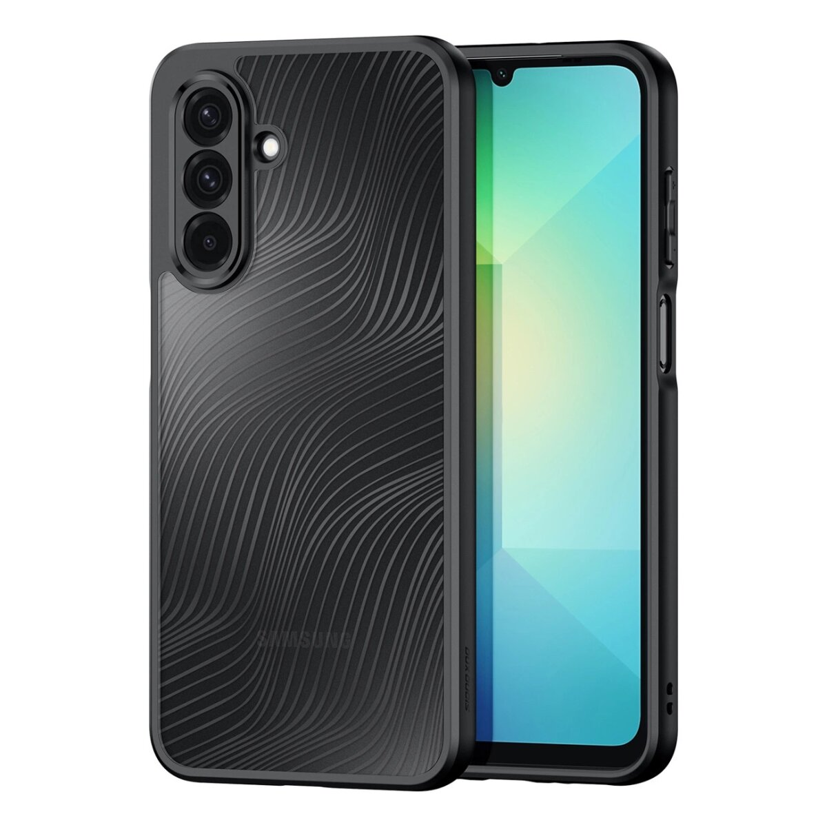 Schwarze Handyhülle mit Wellendesign und Telefon mit Bildschirm.