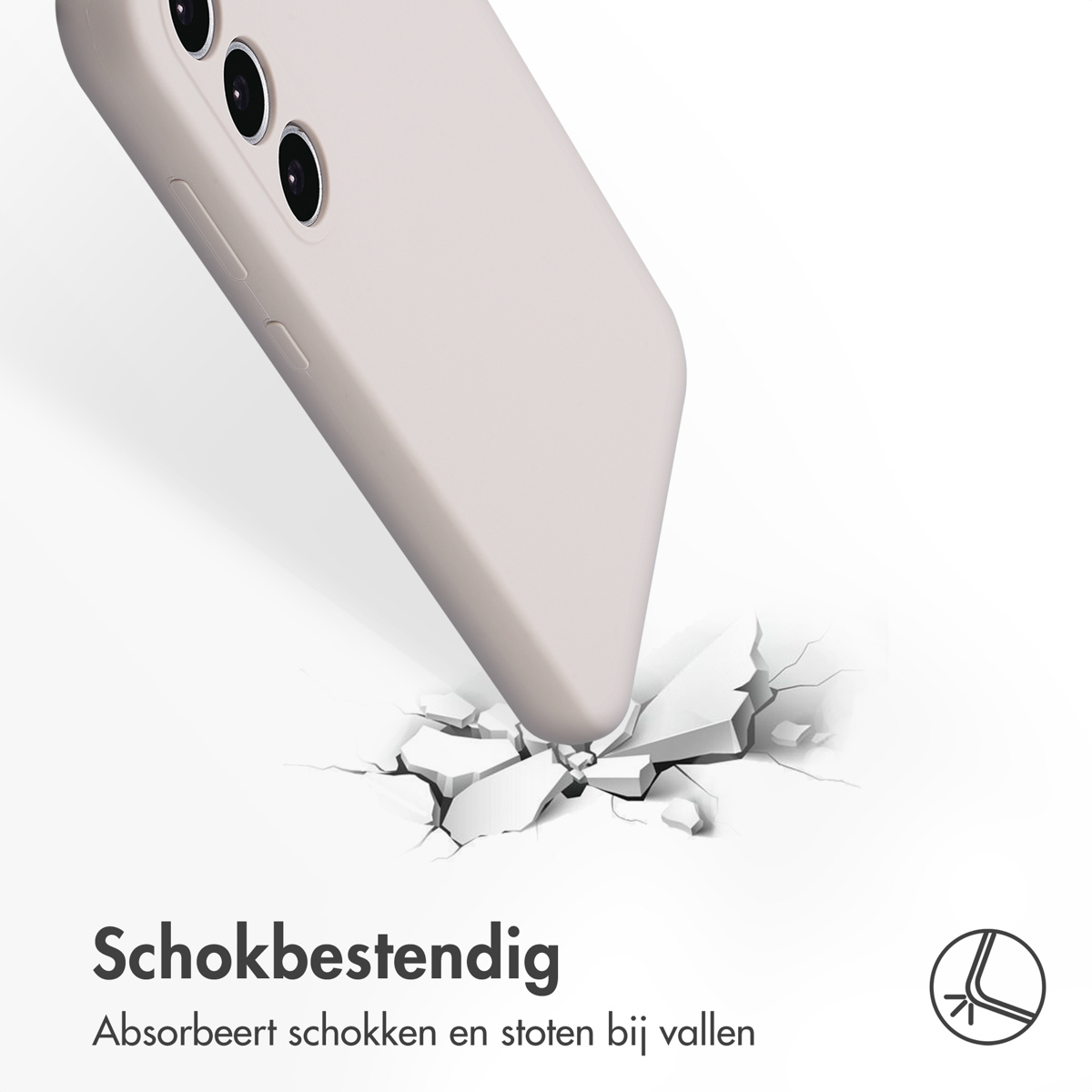 Eine helle Hülle schlägt auf den Boden und zerbricht ihn. Der Text 'Schokbestendig' und ein Symbol sind zu sehen. Weiß.