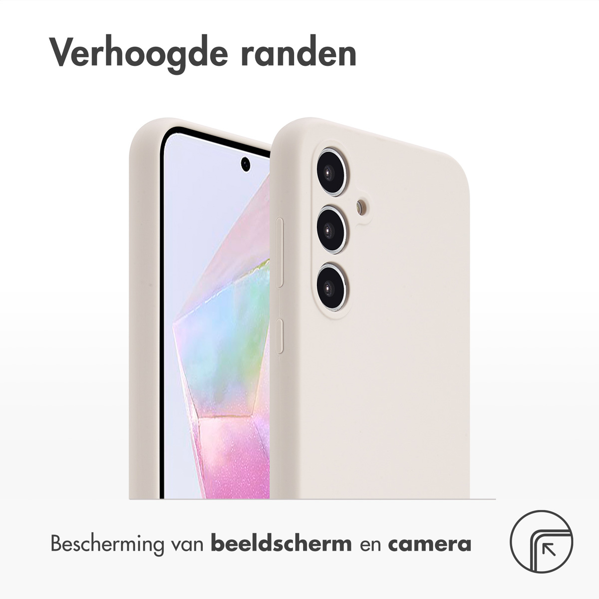 Hellbeige Handyhülle mit erhöhten Rändern, schützt das Handy, auf weißem Untergrund.