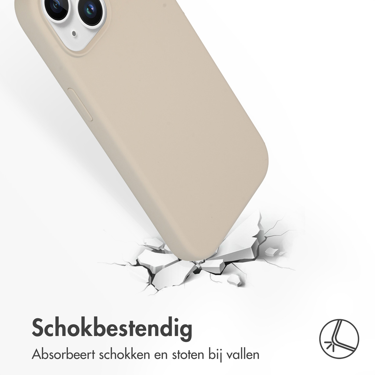 Coque de téléphone beige tombant, des fissures se forment au sol. Montre la résistance aux chocs.