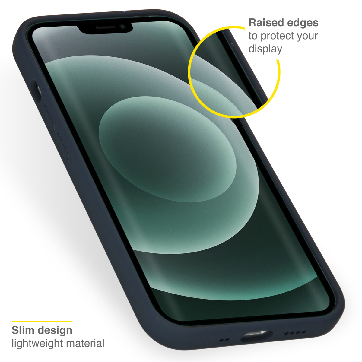 Een telefoon in een marineblauw hoesje. Het scherm is zichtbaar, een gele cirkel benadrukt randen.