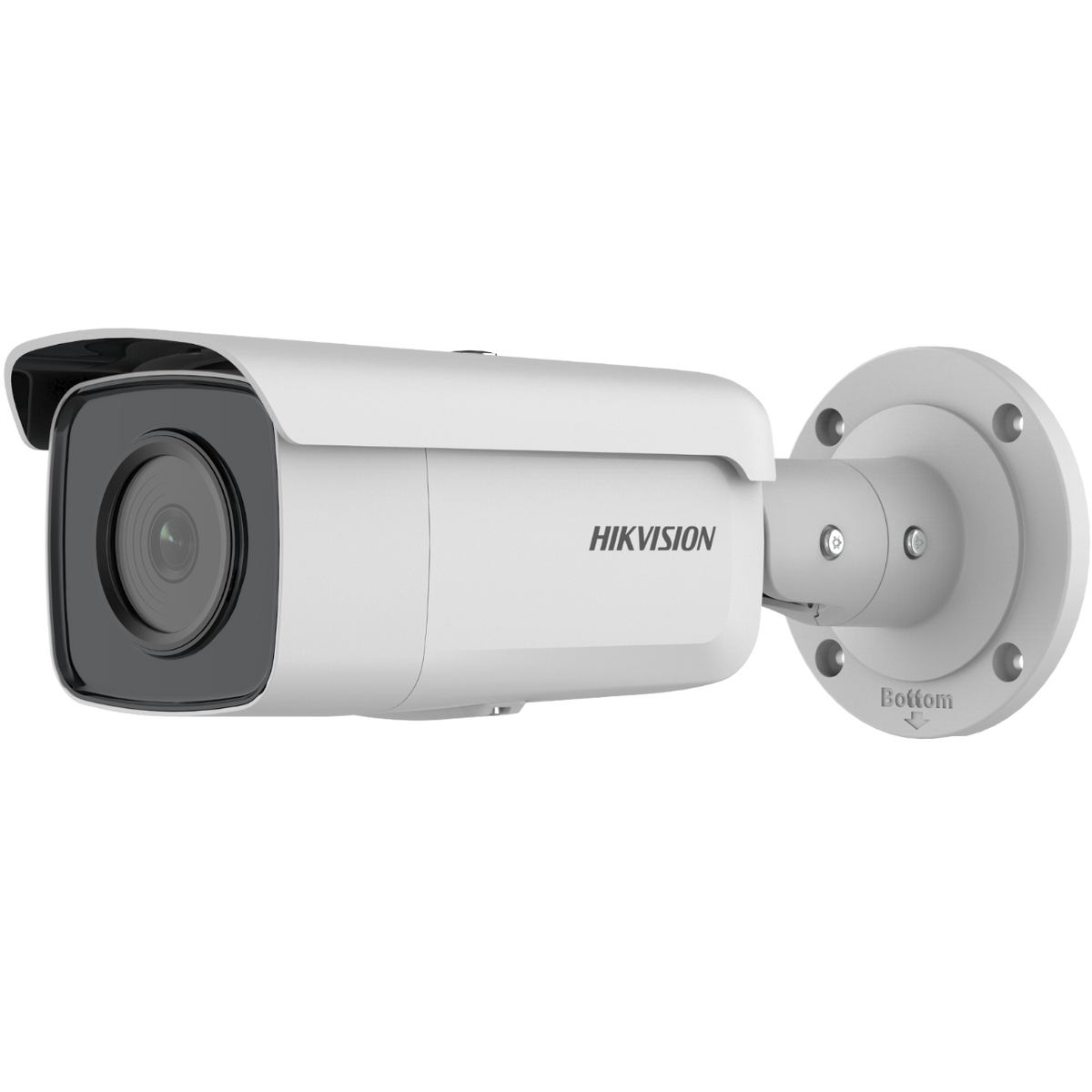 Una telecamera di sicurezza bianca con il logo Hikvision.