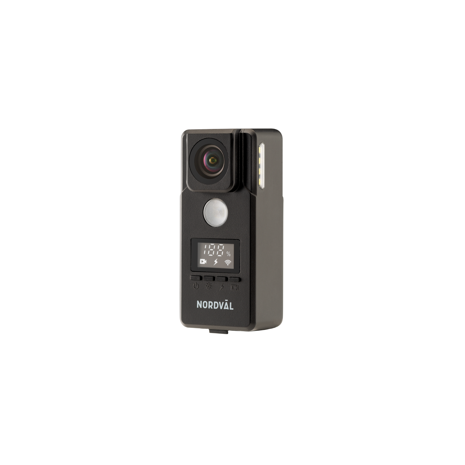Black camera. The camera has a small screen. It is isolated against a dark background.