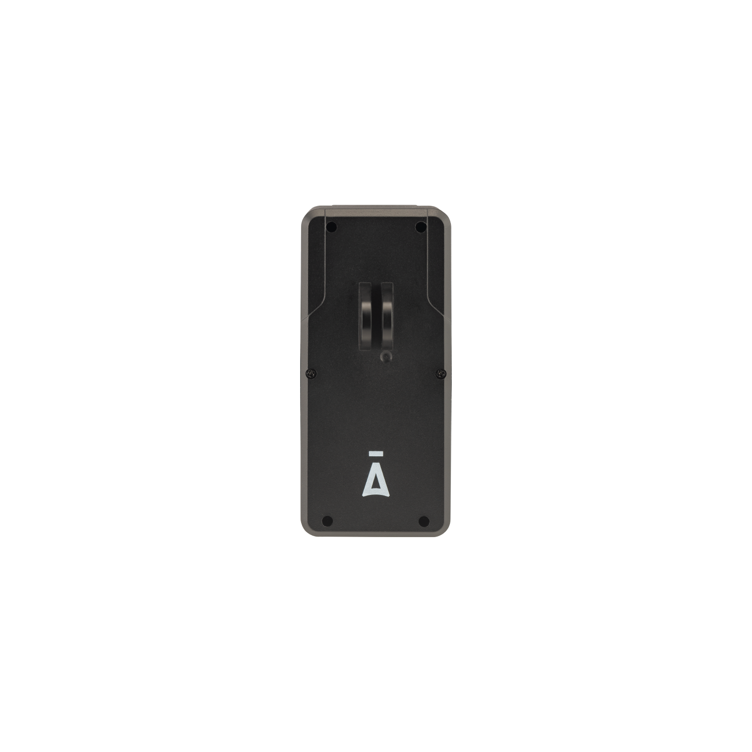 A black, rectangular device with a small white logo and two holes, against black background.