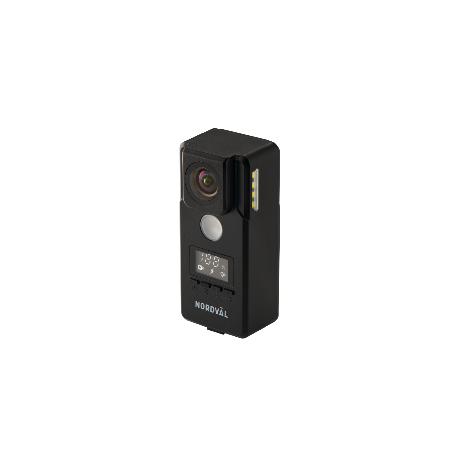 A black camera with a screen and buttons. It is on a black background.