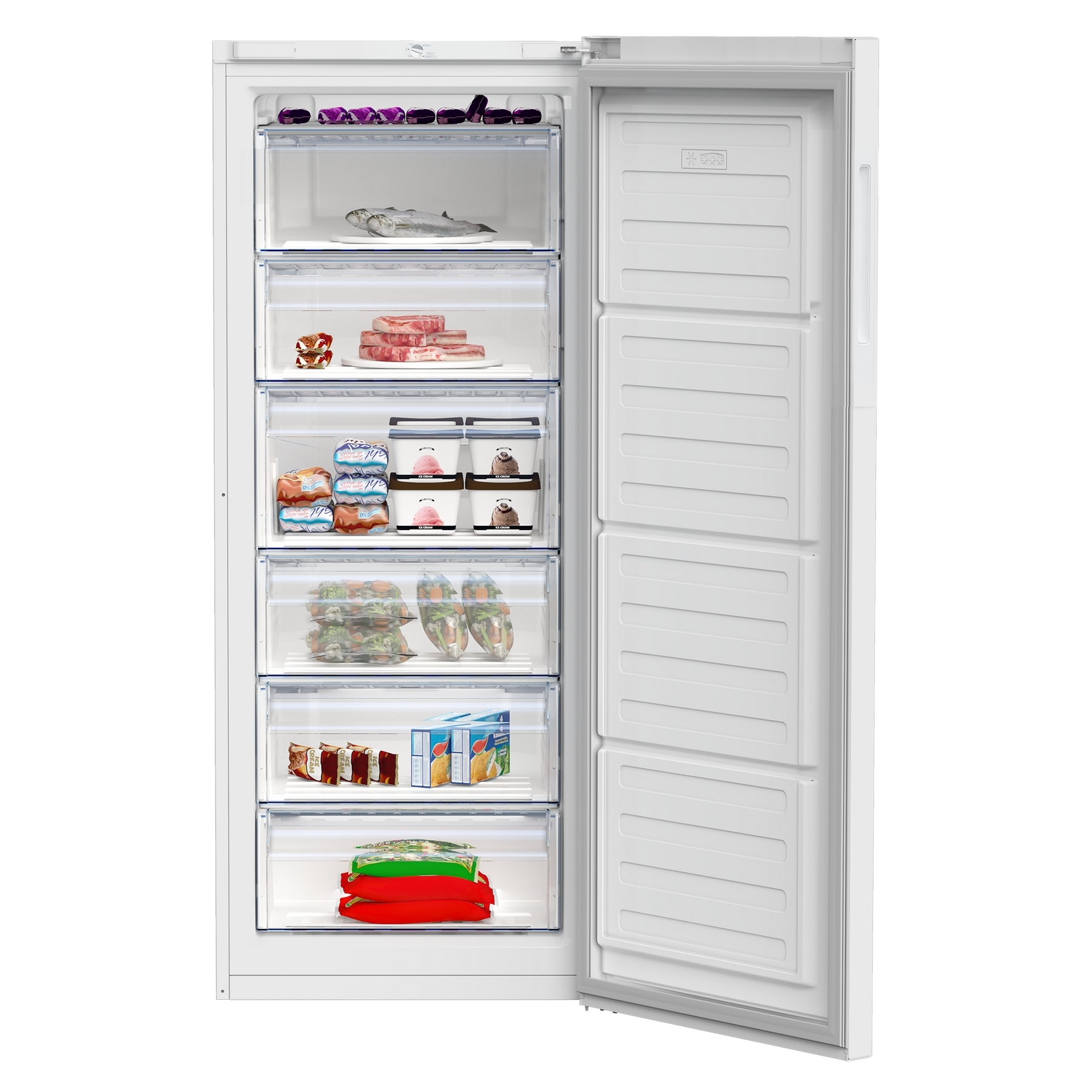 Un congelatore bianco con la porta aperta. Il contenuto include alimenti nei cassetti.