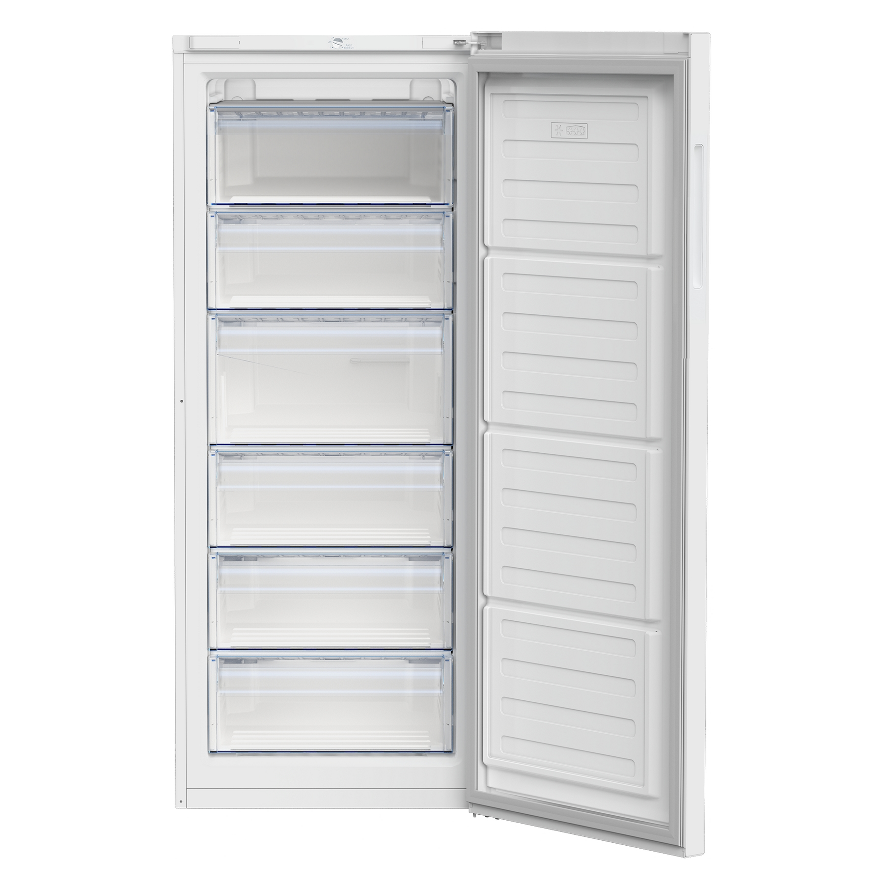 Congelatore bianco con porta aperta che mostra cassetti.