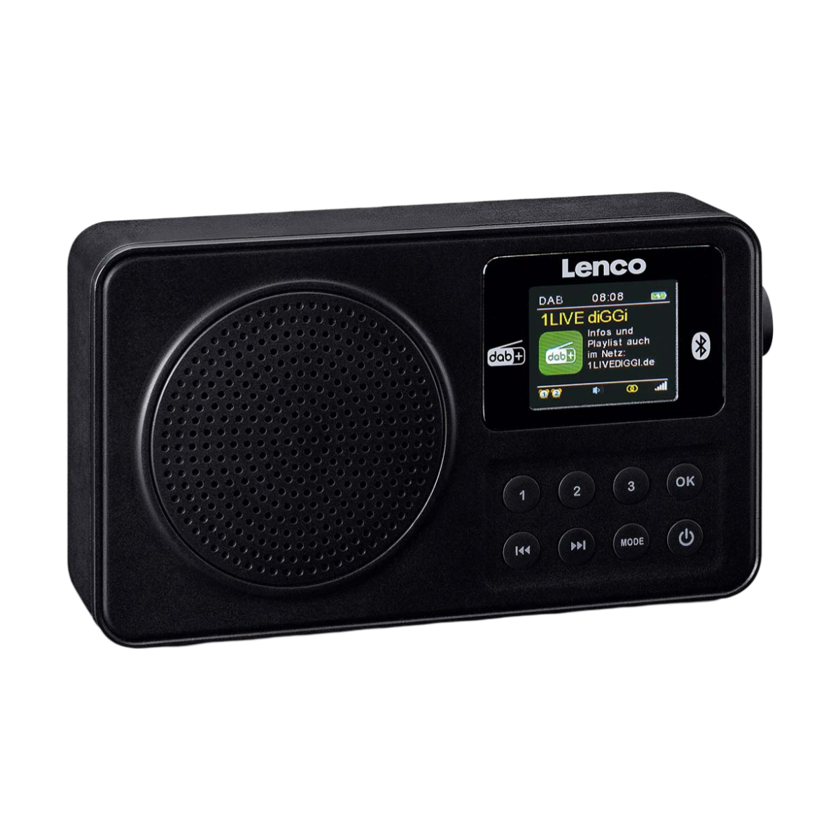 Radio Lenco nera con display, pulsanti e altoparlante. È su una superficie bianca.