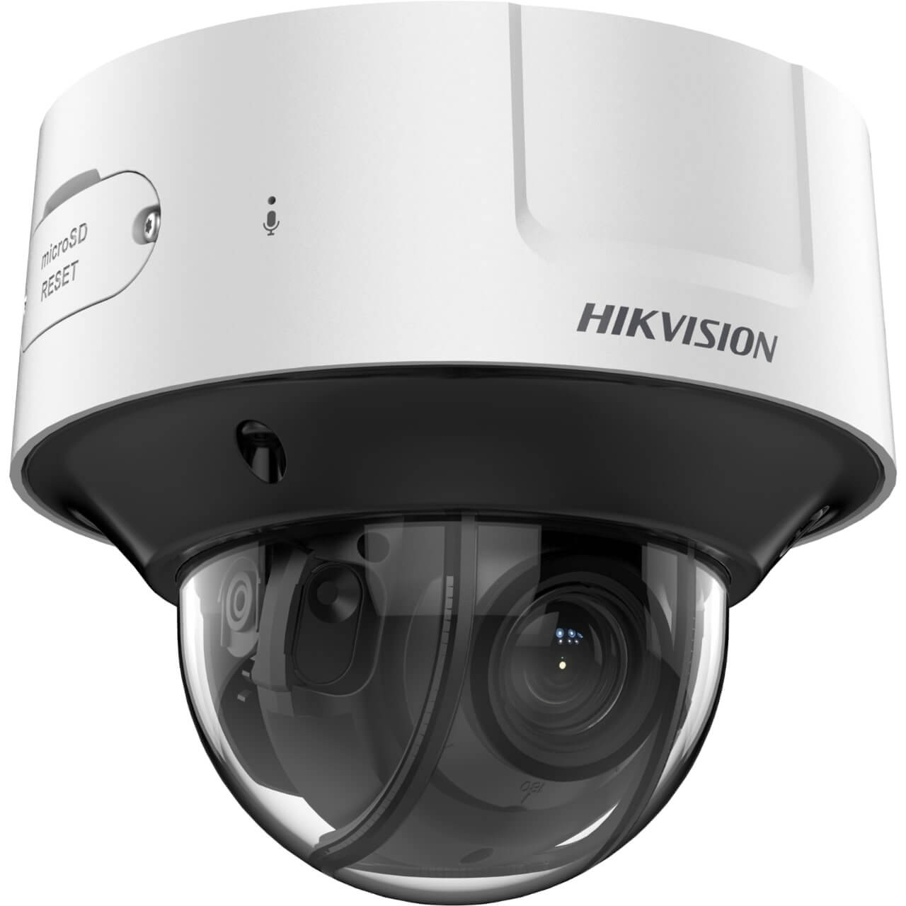 Una telecamera a cupola bianca e nera con logo HIKVISION, cupola trasparente e slot microSD.