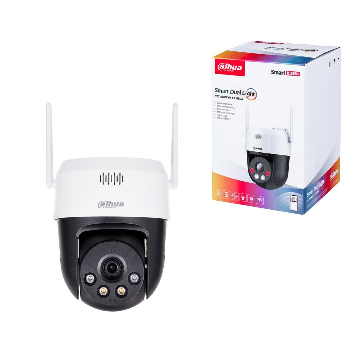 Telecamera di sicurezza Dahua bianca, con antenne e una scatola, Smart Dual Light e una scatola.