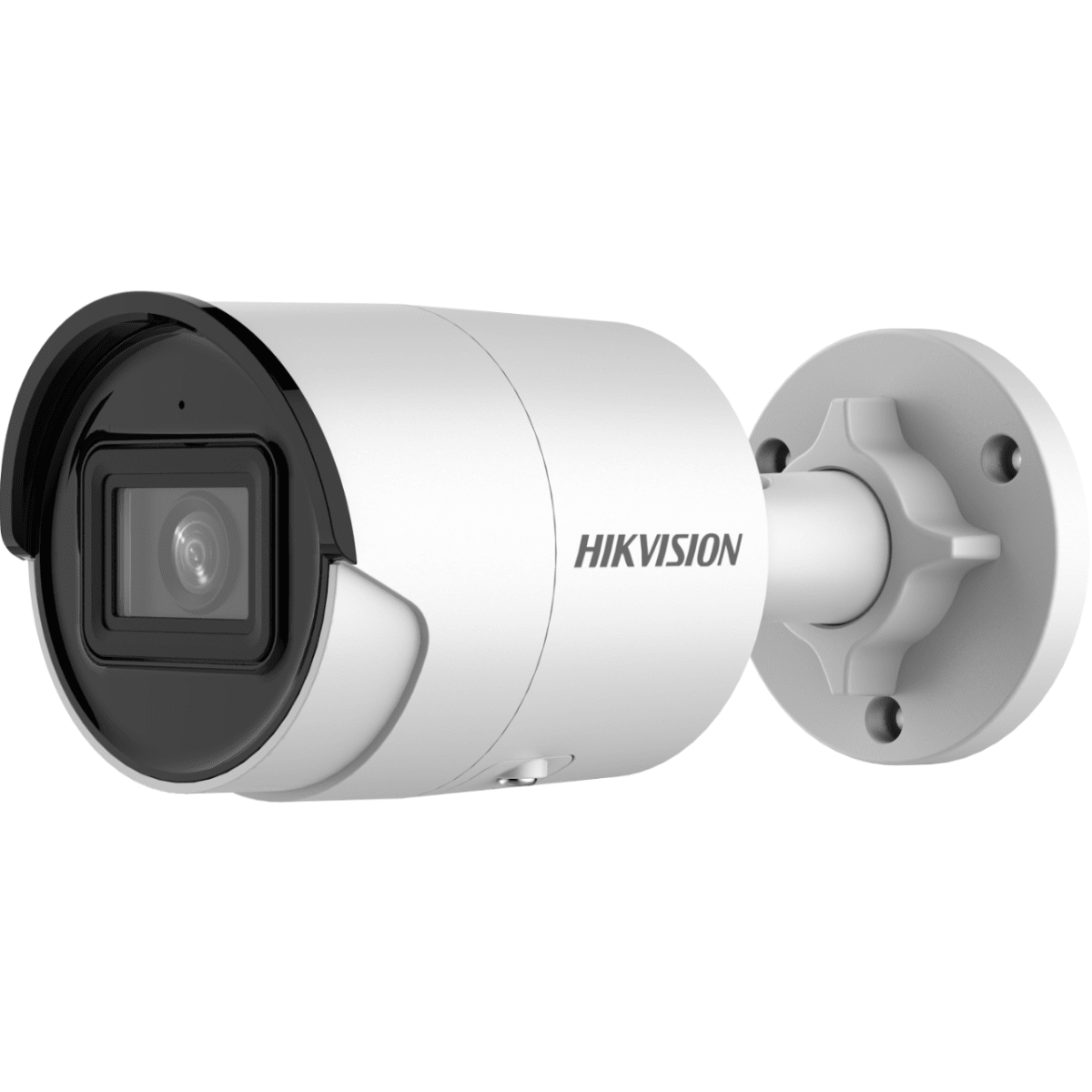Telecamera di sorveglianza bianca, forma cilindrica. Logo HIKVISION sul lato. Sfondo bianco.