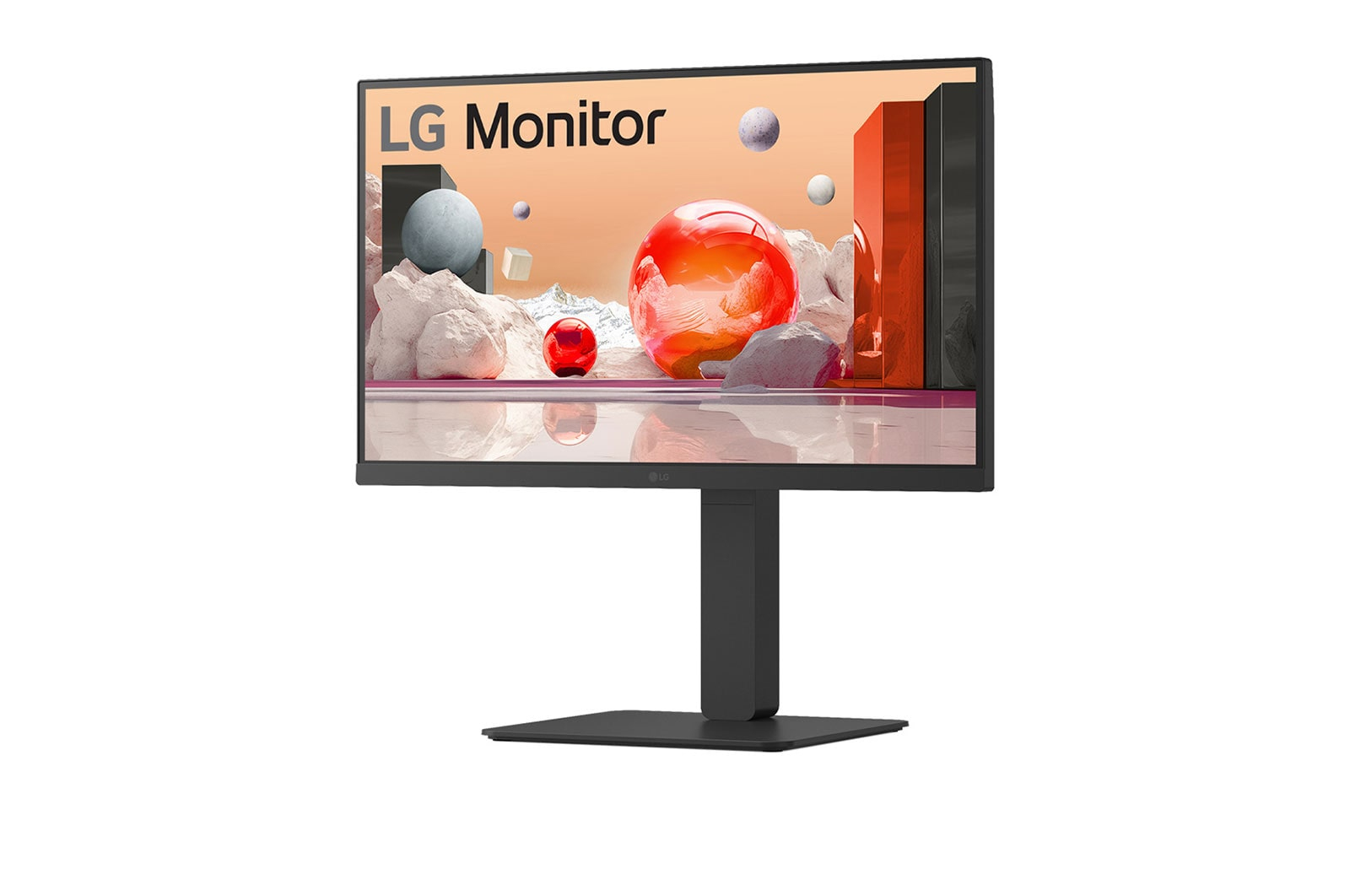 Monitor LG wyświetla kolorowe abstrakcyjne obiekty na białym tle.