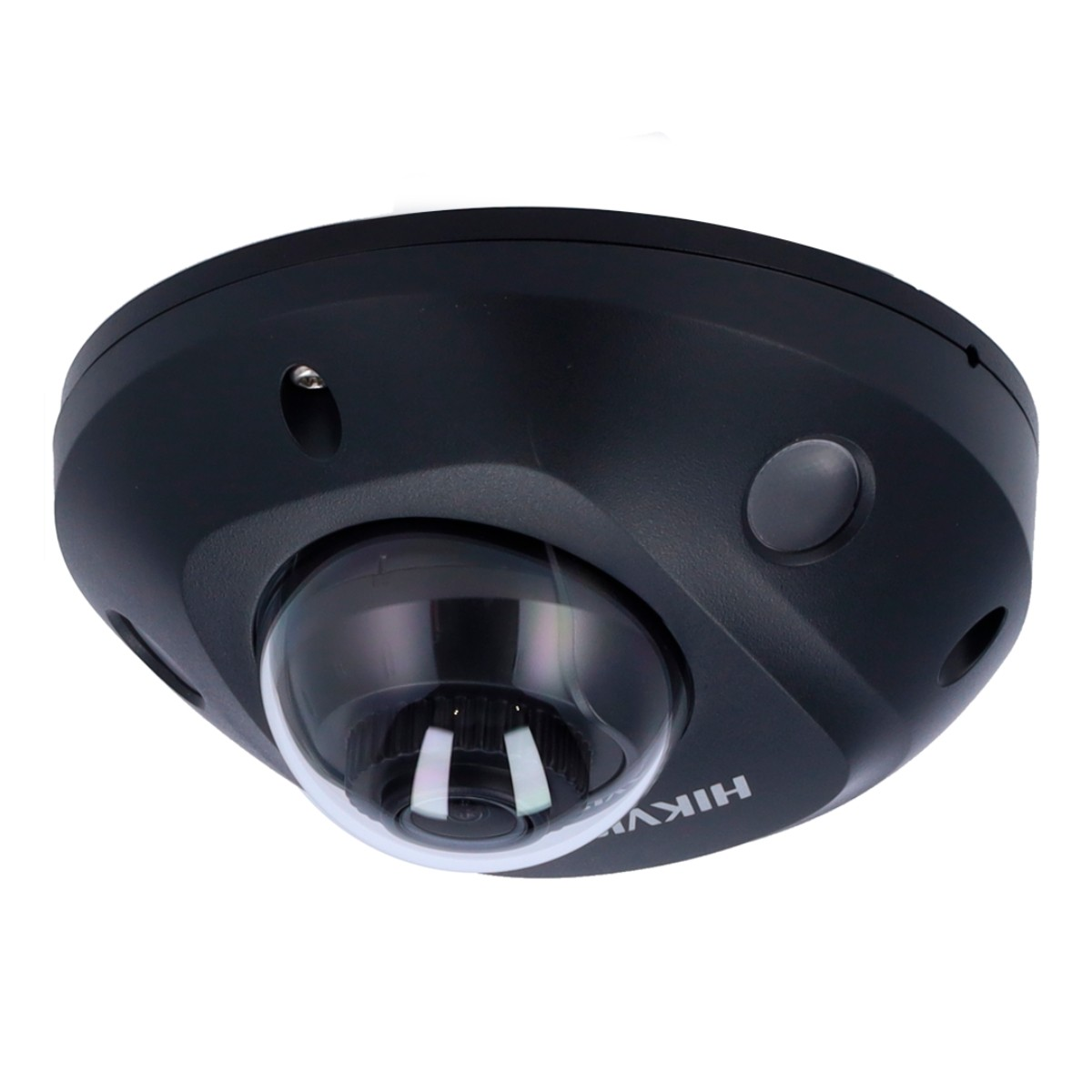 Telecamera di sicurezza a cupola nera con logo 'HIKVISION'. Montata a soffitto.