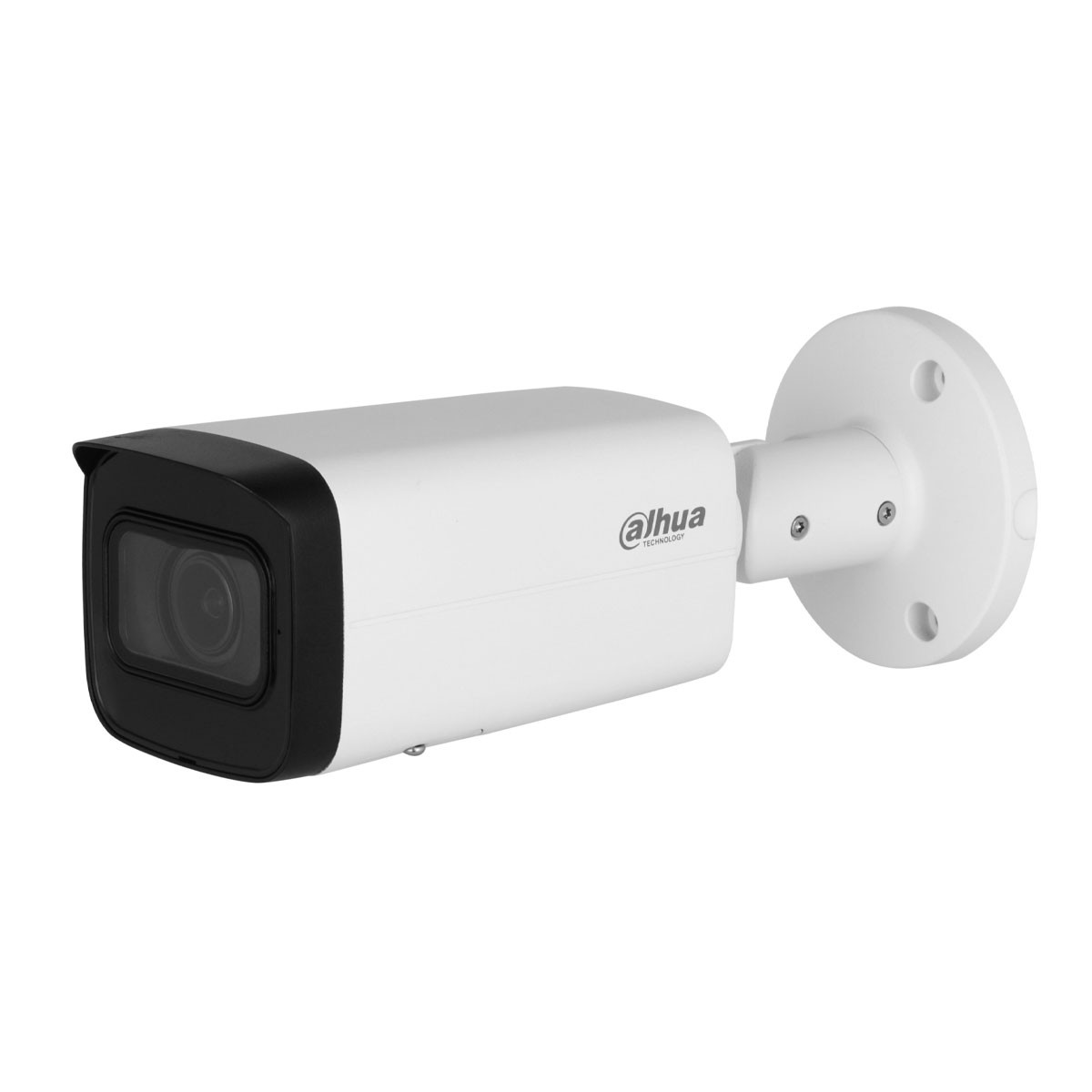 Telecamera di sicurezza Dahua bianca. Forma cilindrica con parte anteriore nera e corpo bianco.
