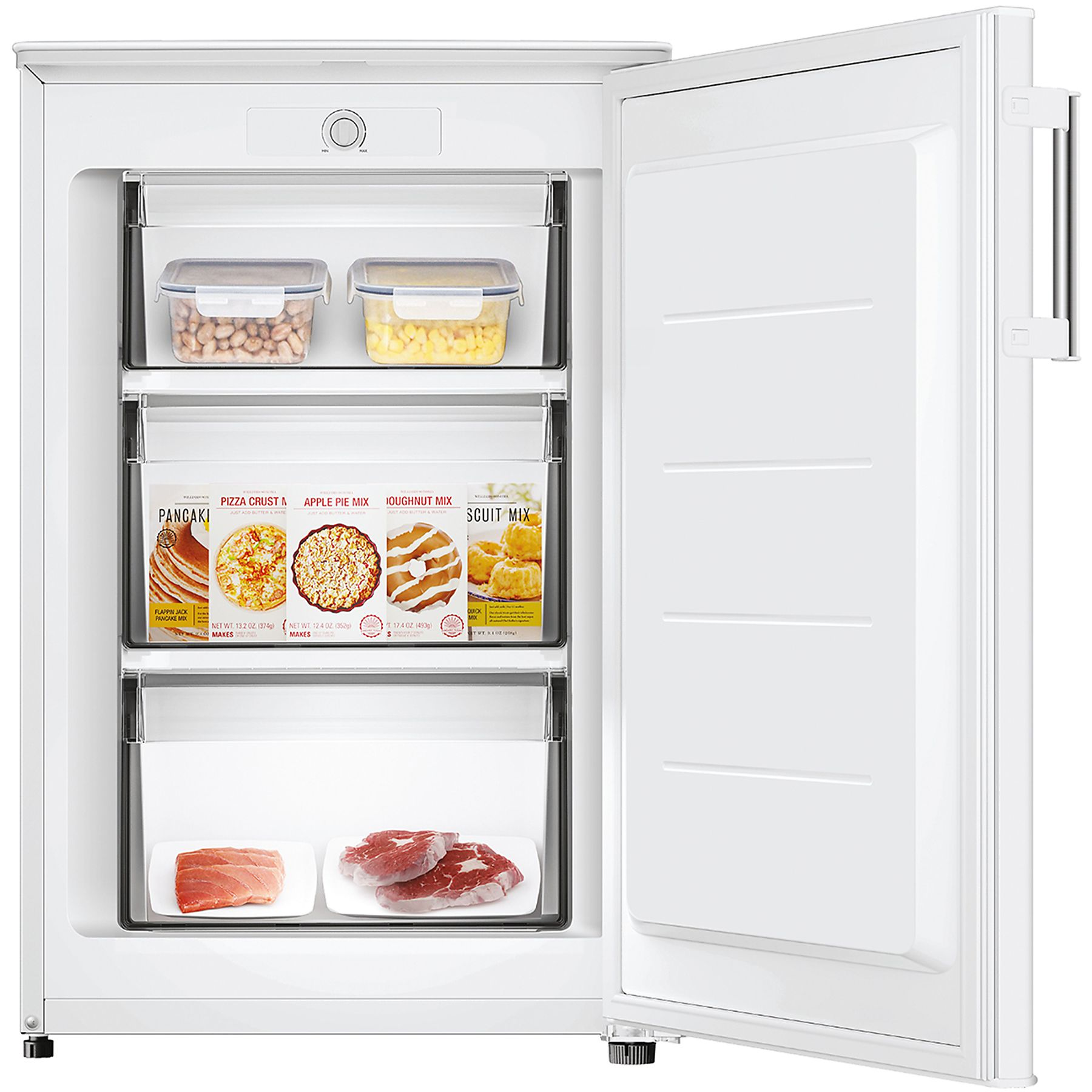 Porta del congelatore aperta, che mostra cassetti con alimenti: pancake, pizza, carne, ecc.