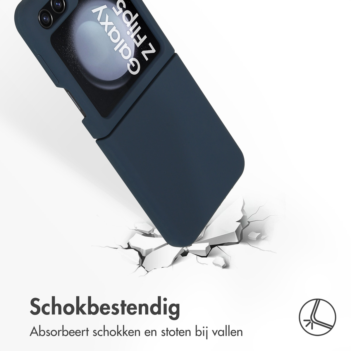 Dunkelblaue Handyhülle für ein faltbares Telefon, Telefon fällt, mit Text 'Schokbestendig'.