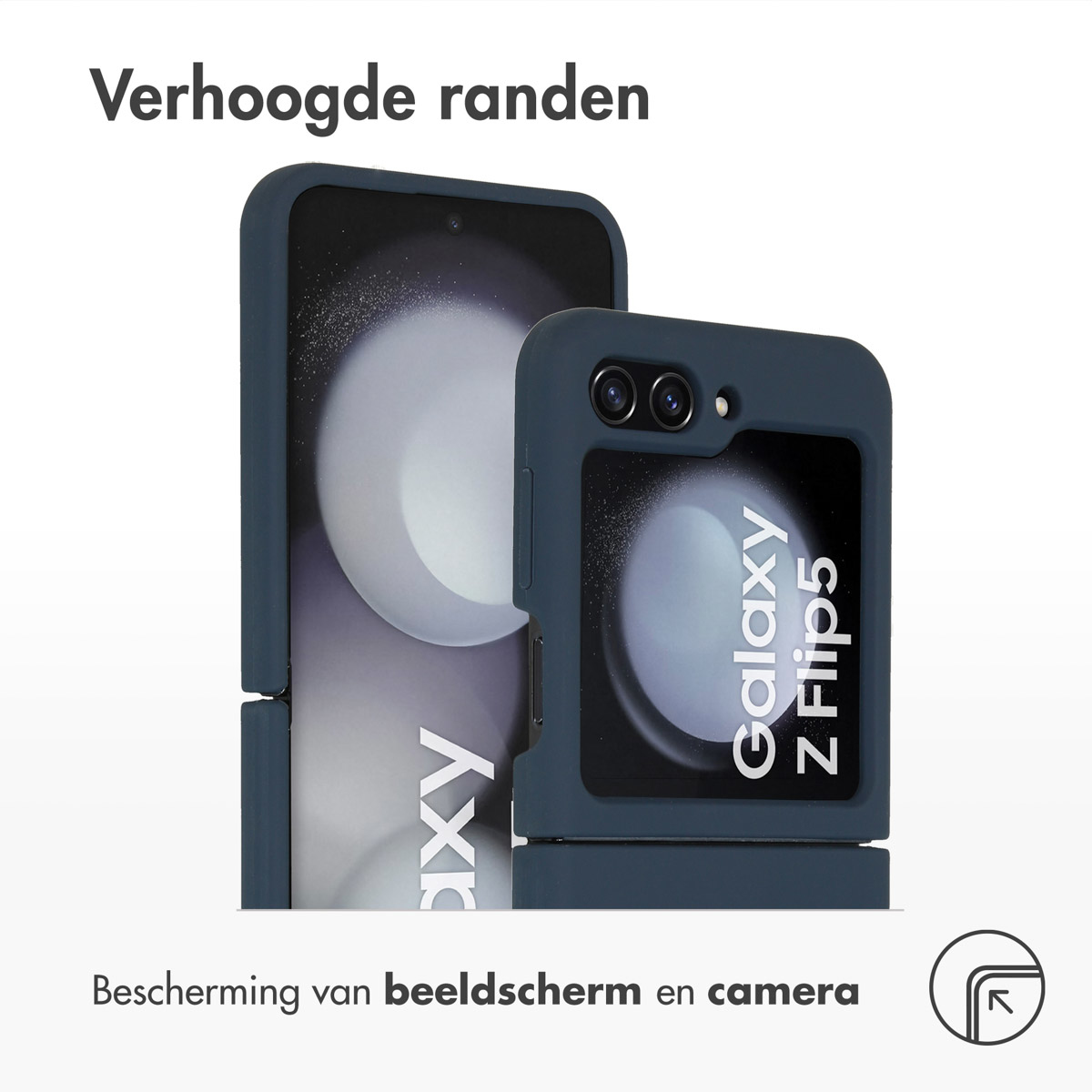 Dunkelblaue Handyhülle schützt ein Galaxy Z Flip5. Zeigt Bildschirm- und Kameraschutz.