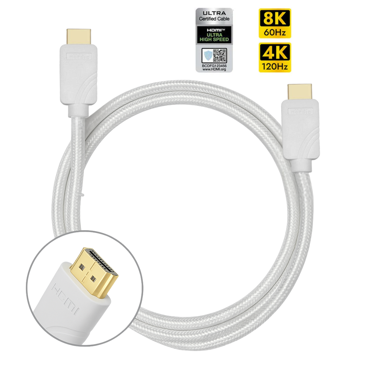 Witte HDMI-kabel met gouden connectoren en labels. Verpakking toont 8K/60Hz en 4K/120Hz specificaties.