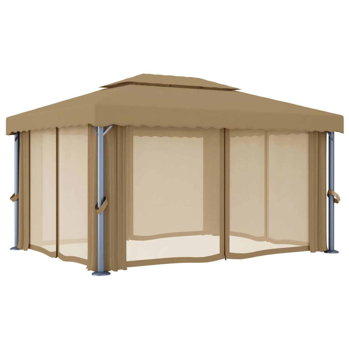 Beigefarbener Pavillon mit Vorhängen. Es hat eine quadratische Oberseite und steht auf weißem Hintergrund. Metallstangen.