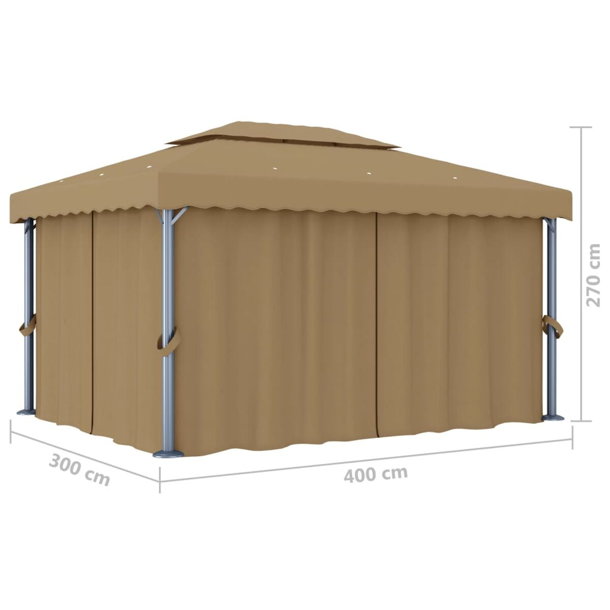 Beiger Outdoor-Pavillon mit beschrifteten Abmessungen. Weißer Hintergrund.
