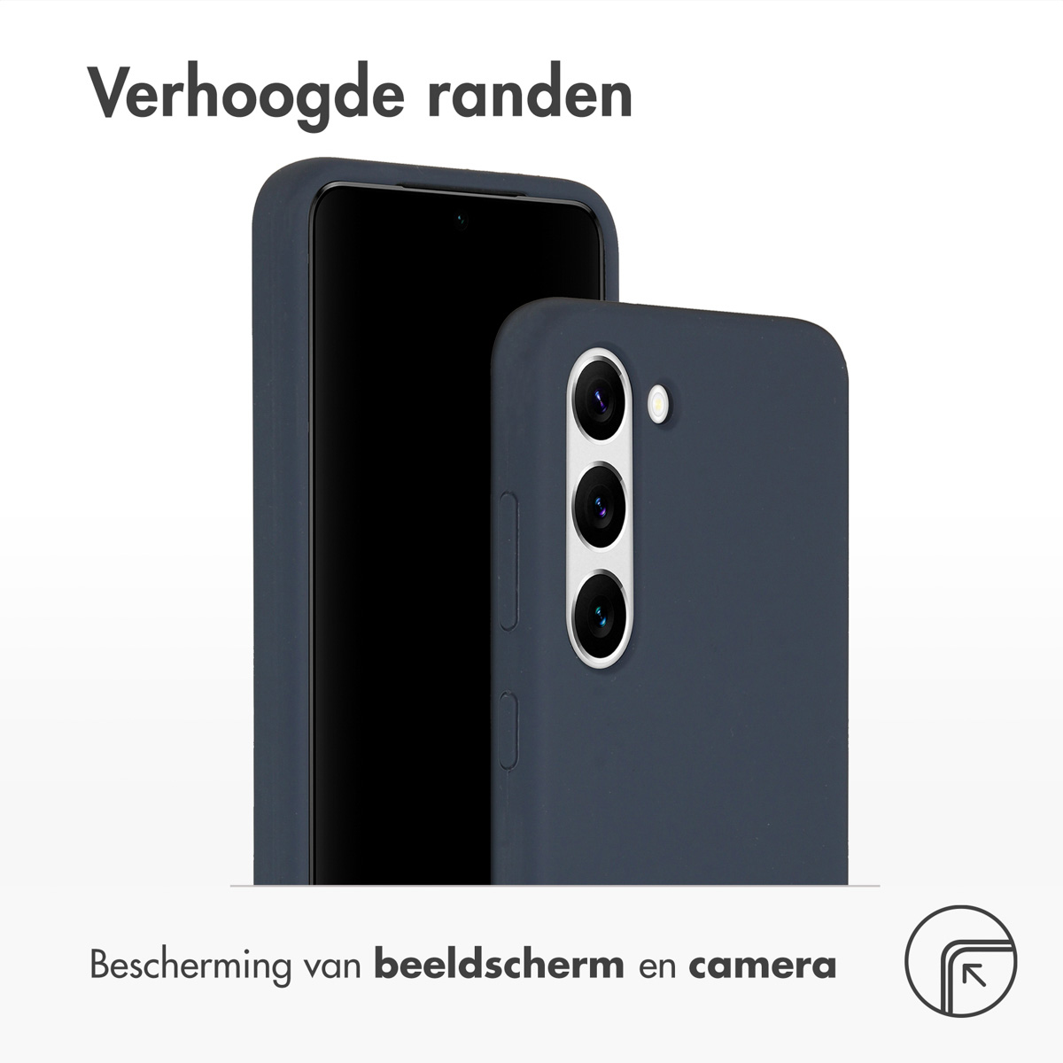 Blauwe telefoonhoes met een telefoon gedeeltelijk erin. De hoes toont de camera functies.