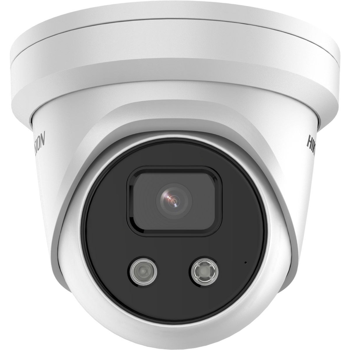 Una telecamera a cupola Hikvision bianca con lente nera, vista frontale.