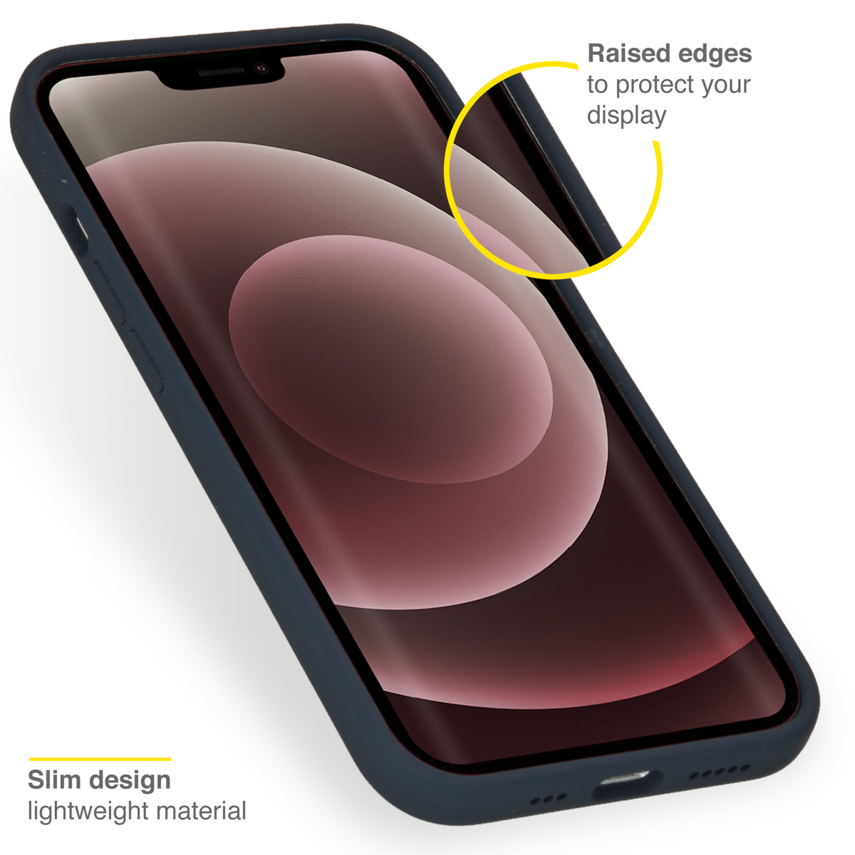 Donkerblauwe telefoonhoes op een telefoon. Verhoogde randen beschermen het scherm.