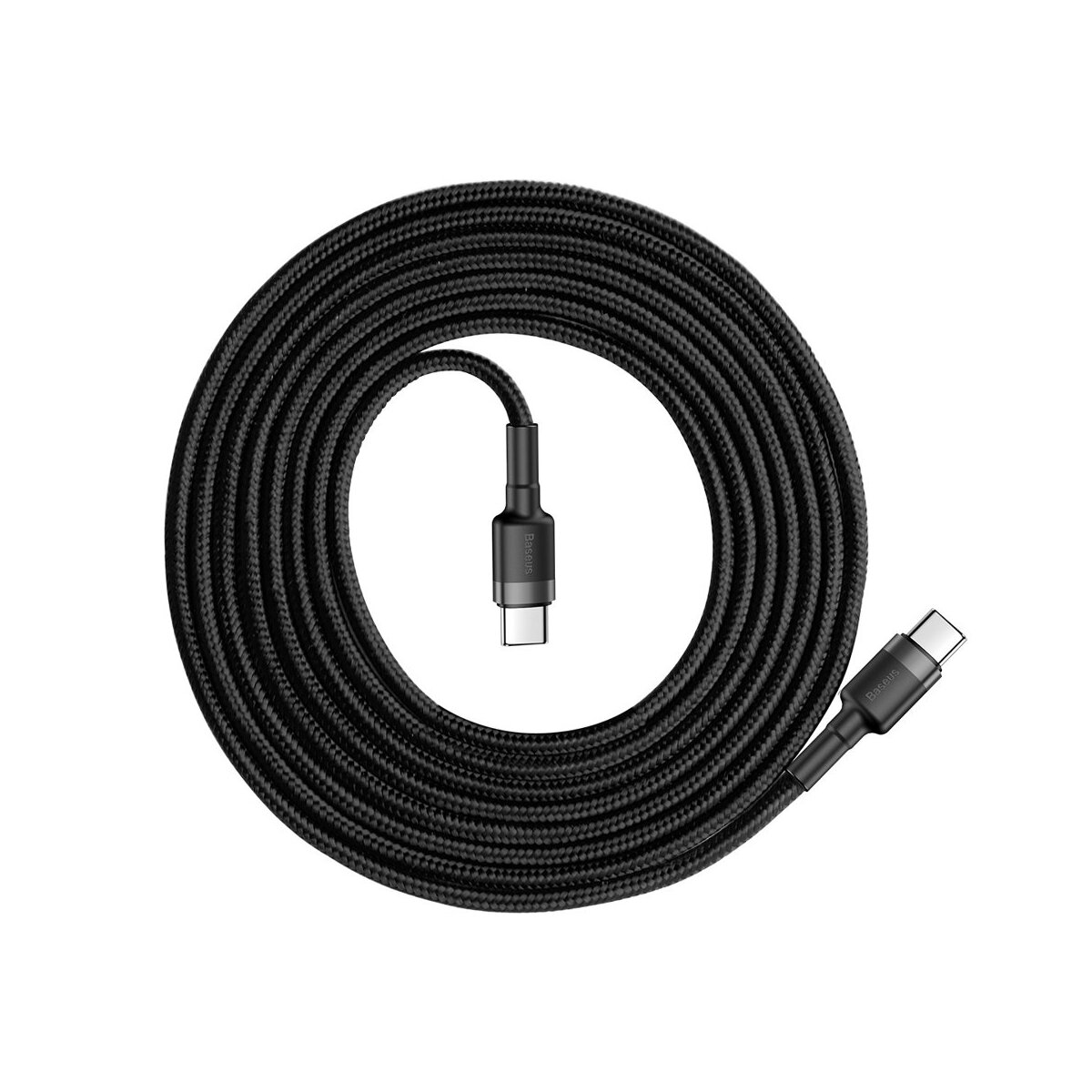 Czarny kabel USB-C zwinięty w okrąg. Oba końce mają złącza USB-C.