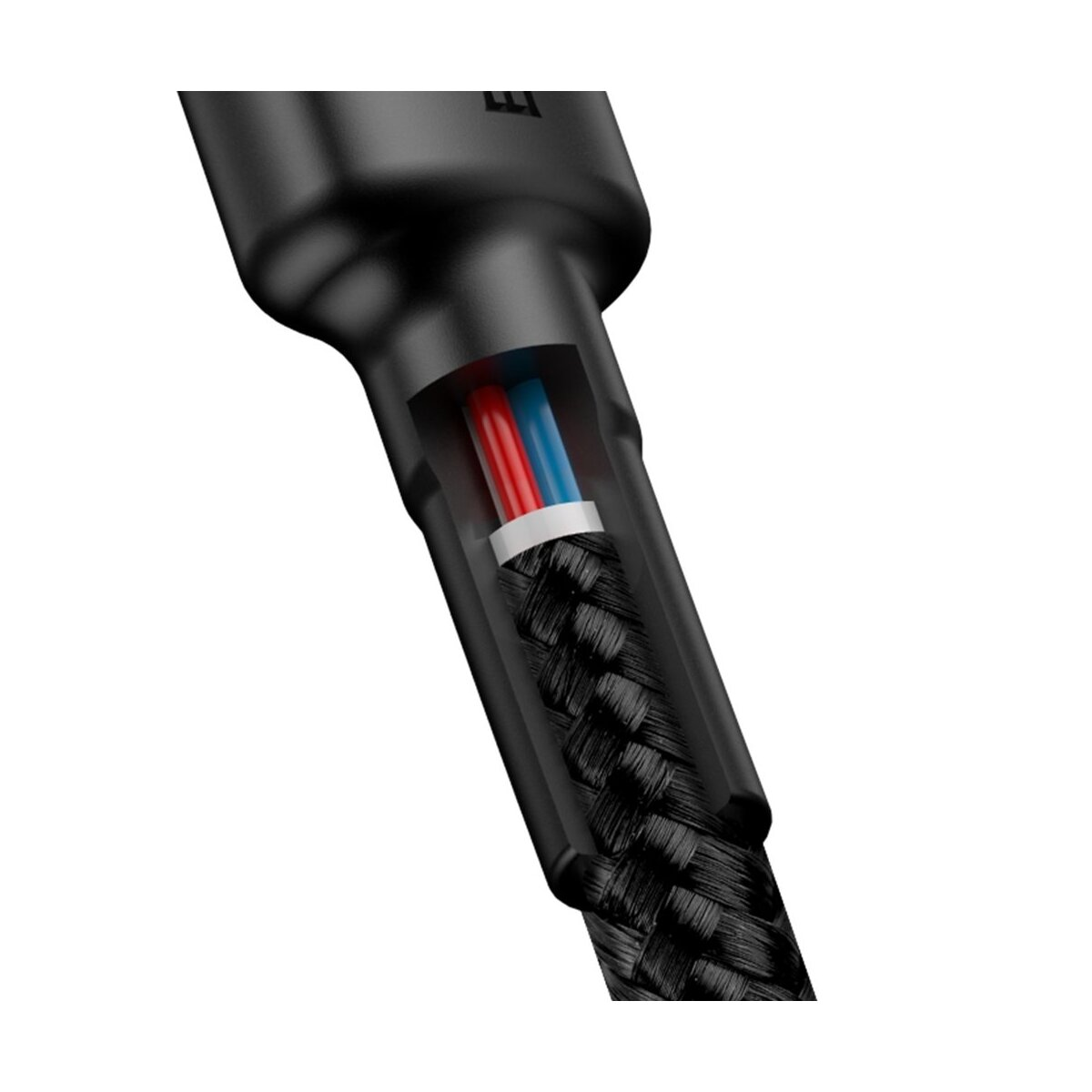 Zbliżenie czarnego kabla z odsłoniętymi czerwonymi i niebieskimi przewodami. Białe tło.